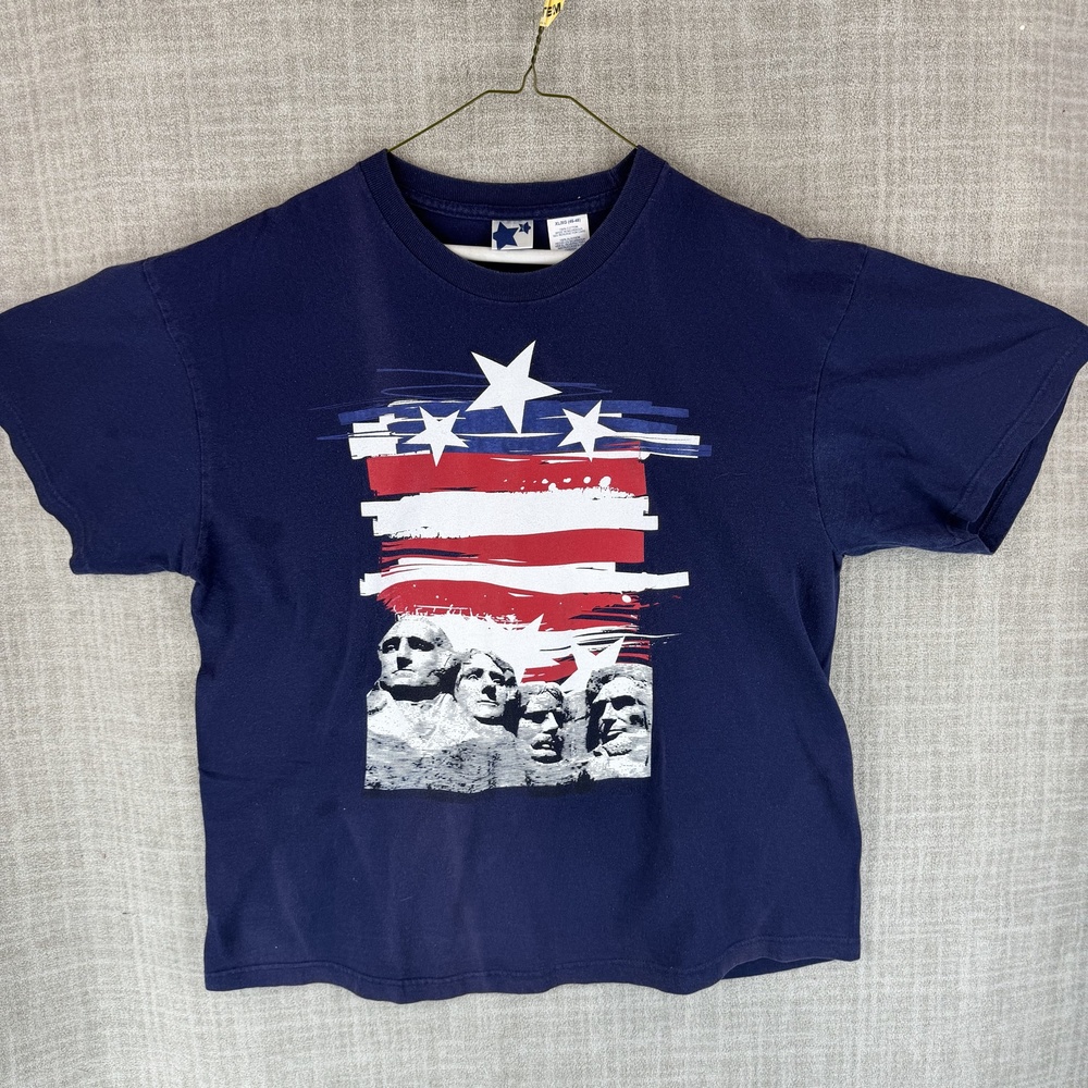 T-Shirt Mens XL Blue Patriotic Mount Rushmore Flag Graphic Cotton Crew Neck
